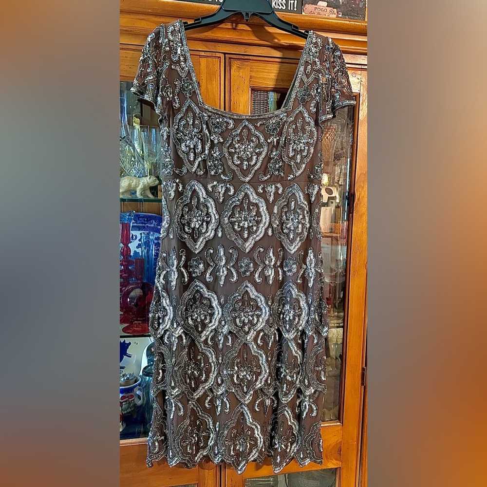 Pisarro Nights Taupe and Silver Embellished Gown with beads
